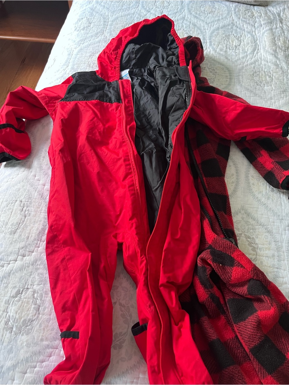 Columbia Red Hooded One-Piece Snowsuit with Black Accents. 18m